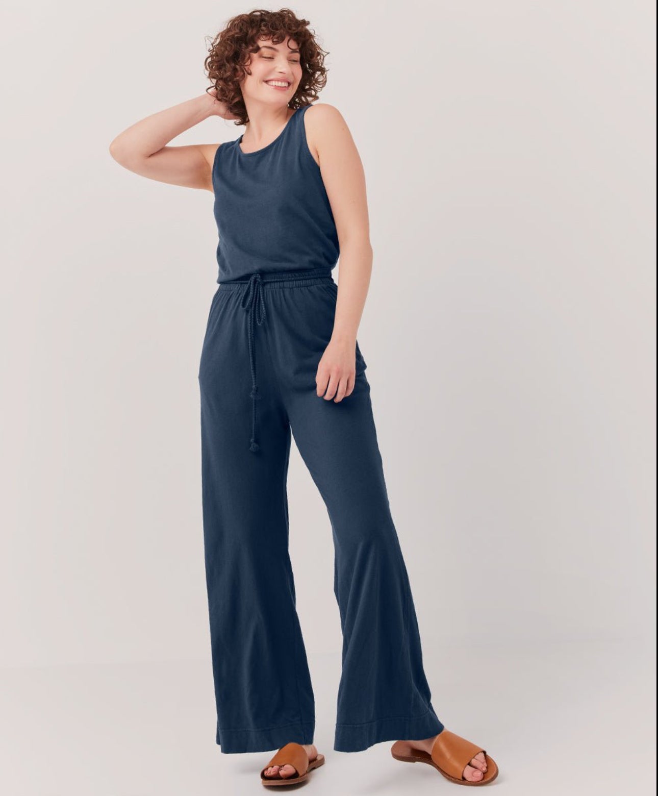 Pact XS French Navy Organic Cotton & Linen Wide Leg Jumpsuit