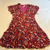 By Anthropologie M Burgundy Ikat Tiger Print Flutter Sleeve Ruffle Tier Dress