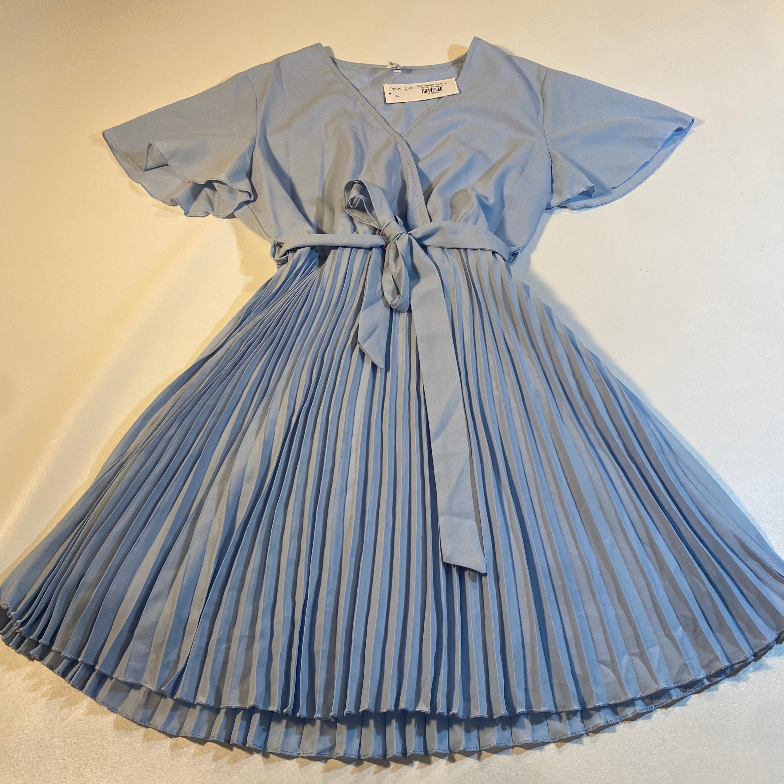 NWT ePretty Sz L Sky Blue Flutter Sleeve Cross Front Pleated Dress W Waist Sash