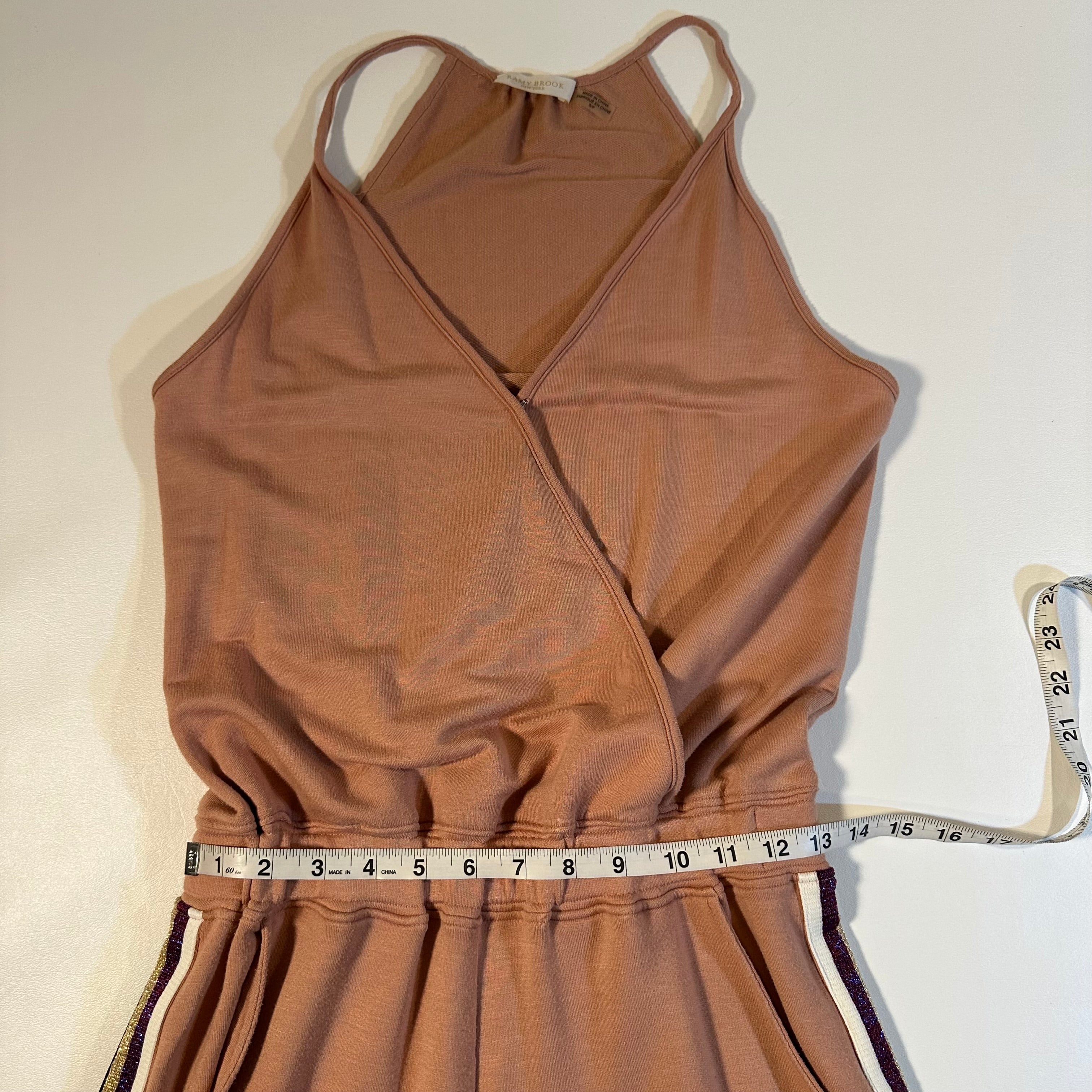 Ramy Brook NY Size S Maddie Caramel Pink Lounge Jumpsuit W Metallic Leg Stripes