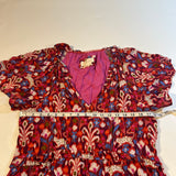 By Anthropologie M Burgundy Ikat Tiger Print Flutter Sleeve Ruffle Tier Dress