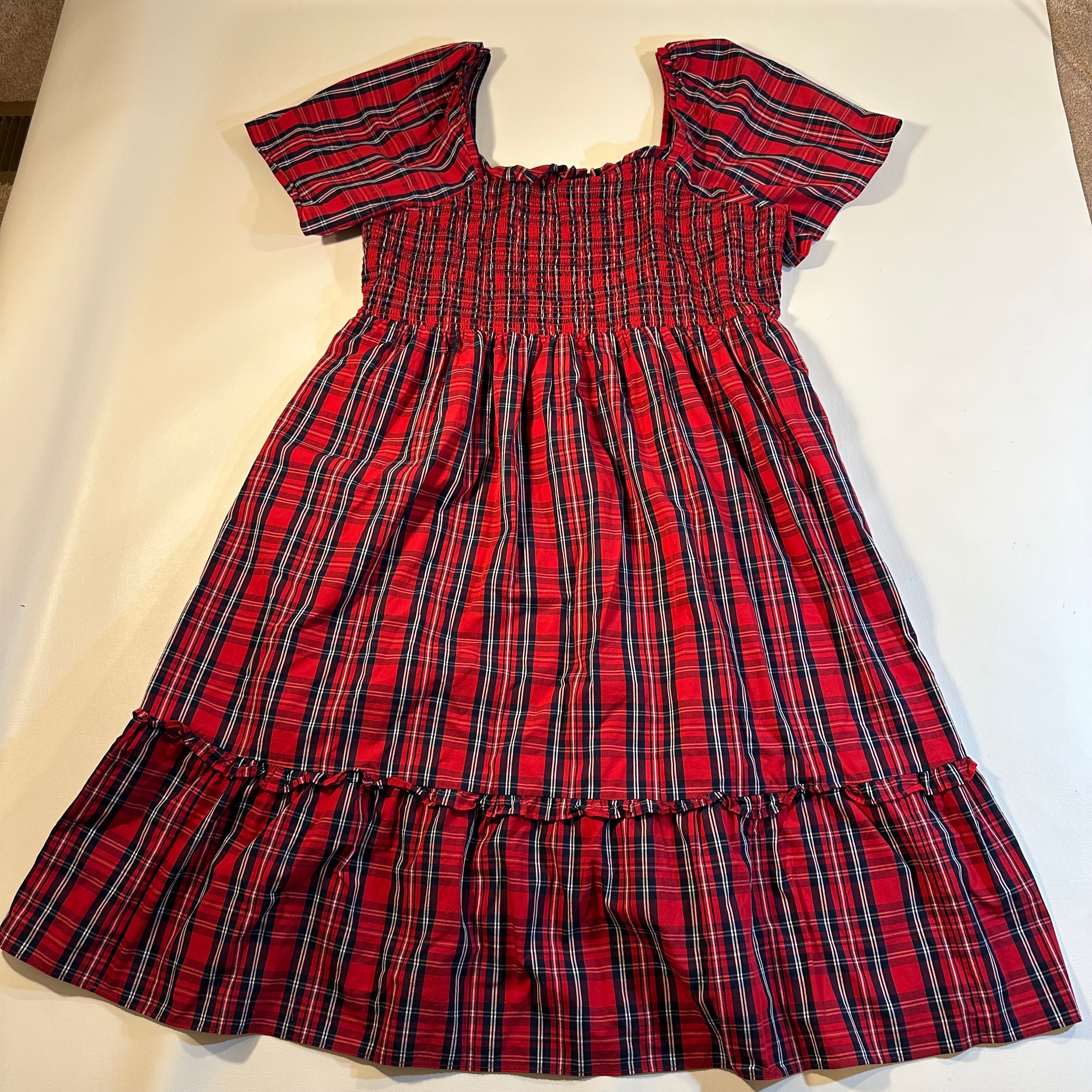 Draper James Size 2X Red Plaid Smock Top Short Sleeve Peplum Midi Dress