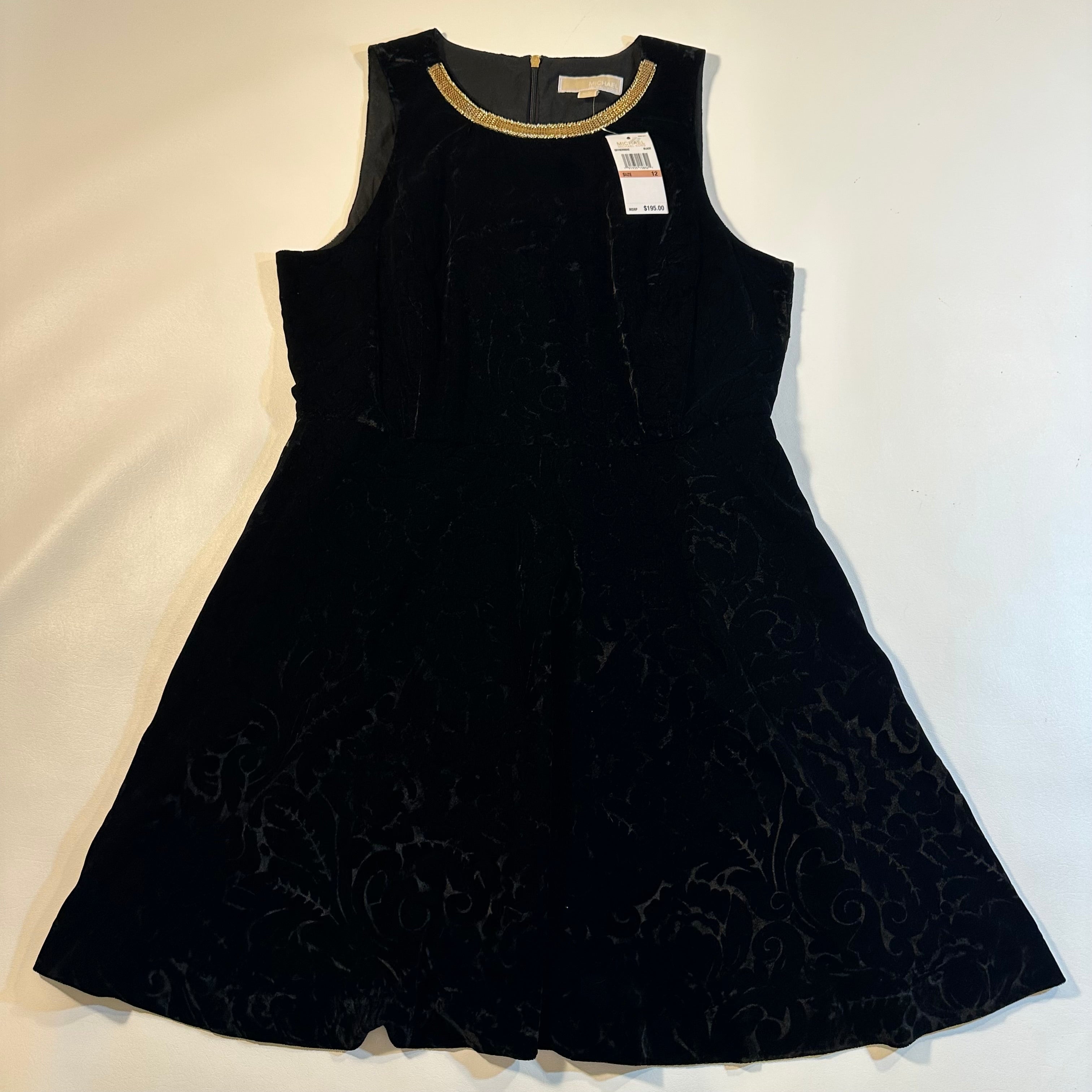 NWT $195 Michael Kors Size 12 Black Velvet Burnout A-Line Dress W Gold Neck