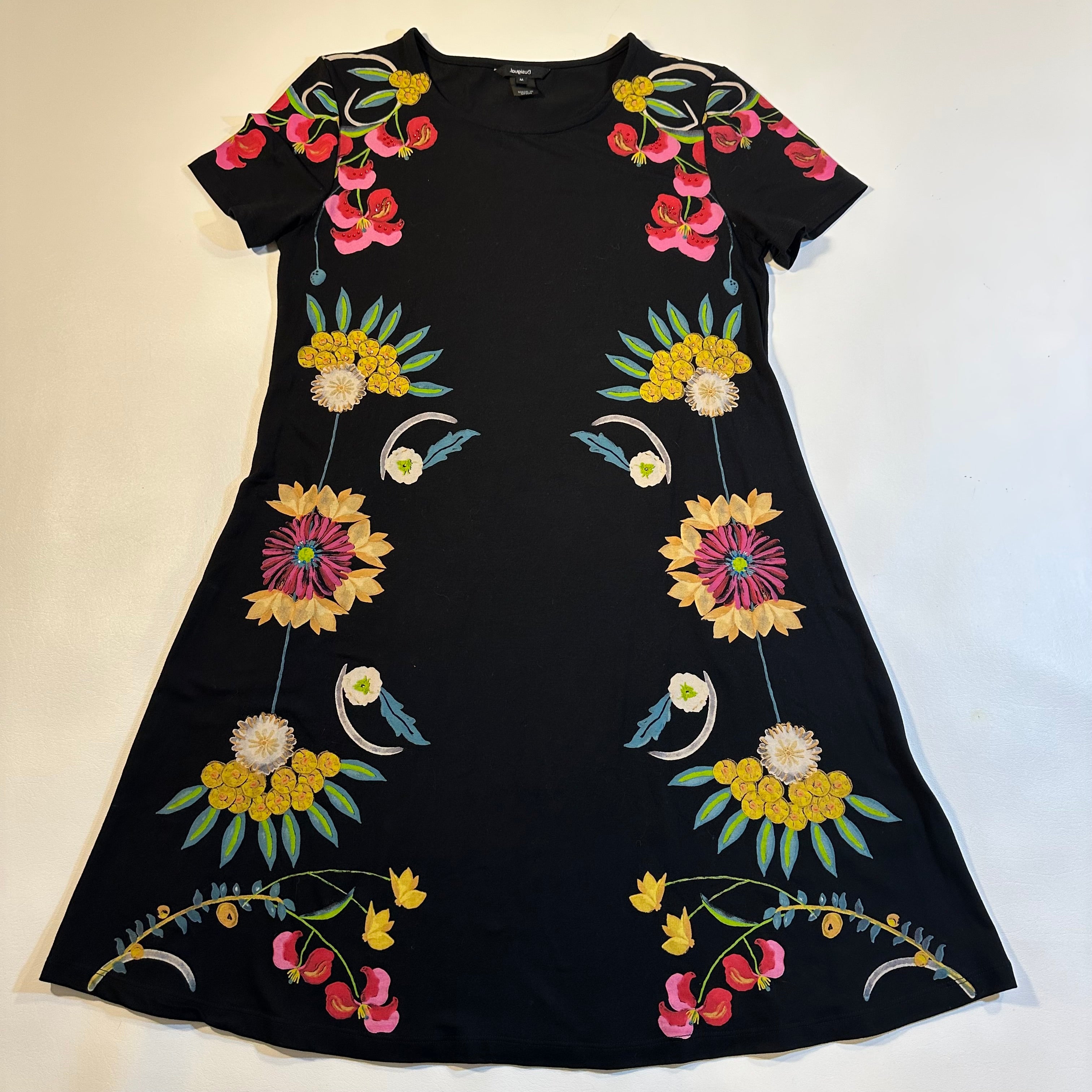 Desigual Size M Vibrant Floral & Rhinestone Short Sleeve Dress Made In Spain