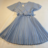NWT ePretty Sz S Sky Blue Flutter Sleeve Cross Front Pleated Dress W Waist Sash