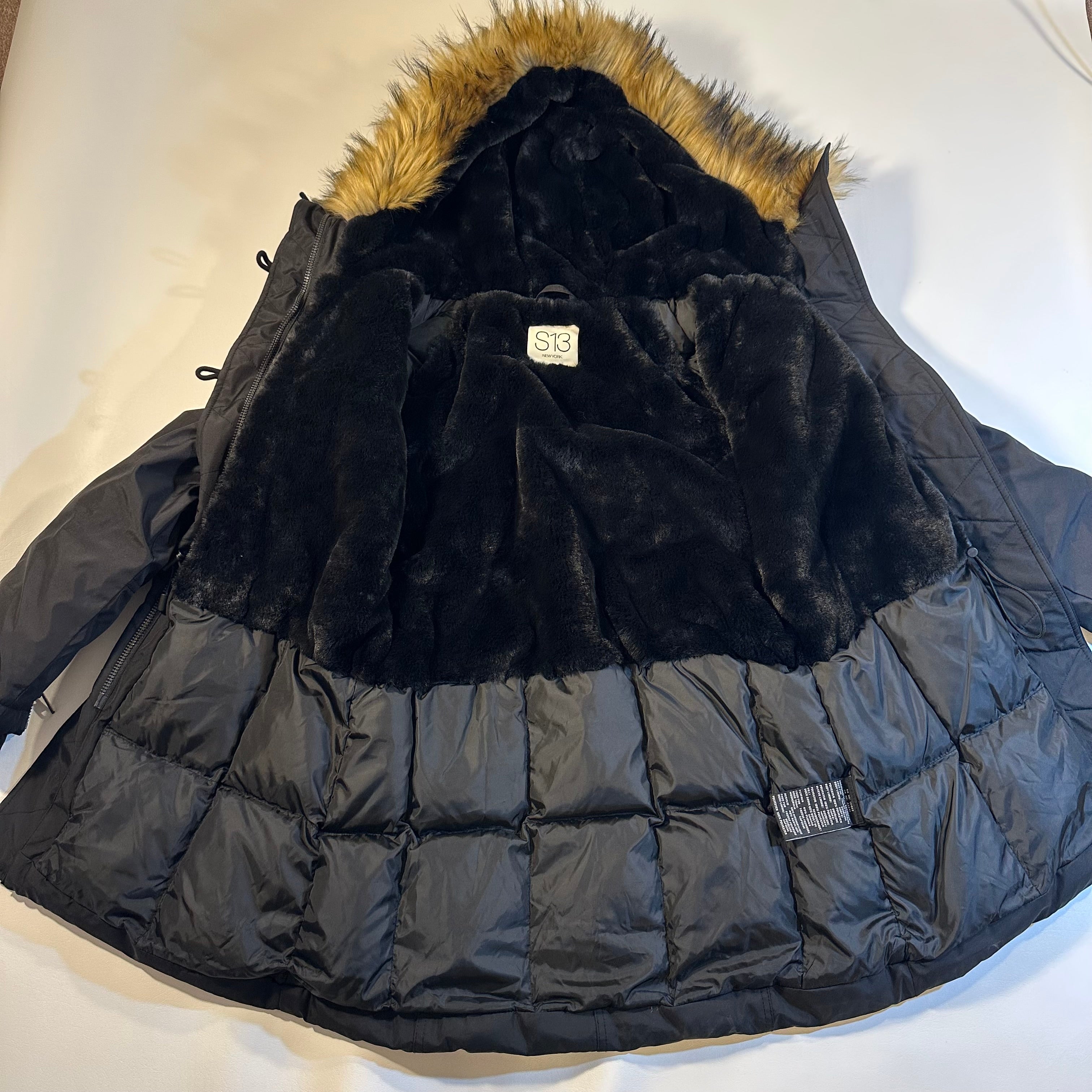 S13 New York Size M Black Duck Down Thick Winter Coat W Faux Fur Hood