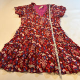 By Anthropologie M Burgundy Ikat Tiger Print Flutter Sleeve Ruffle Tier Dress