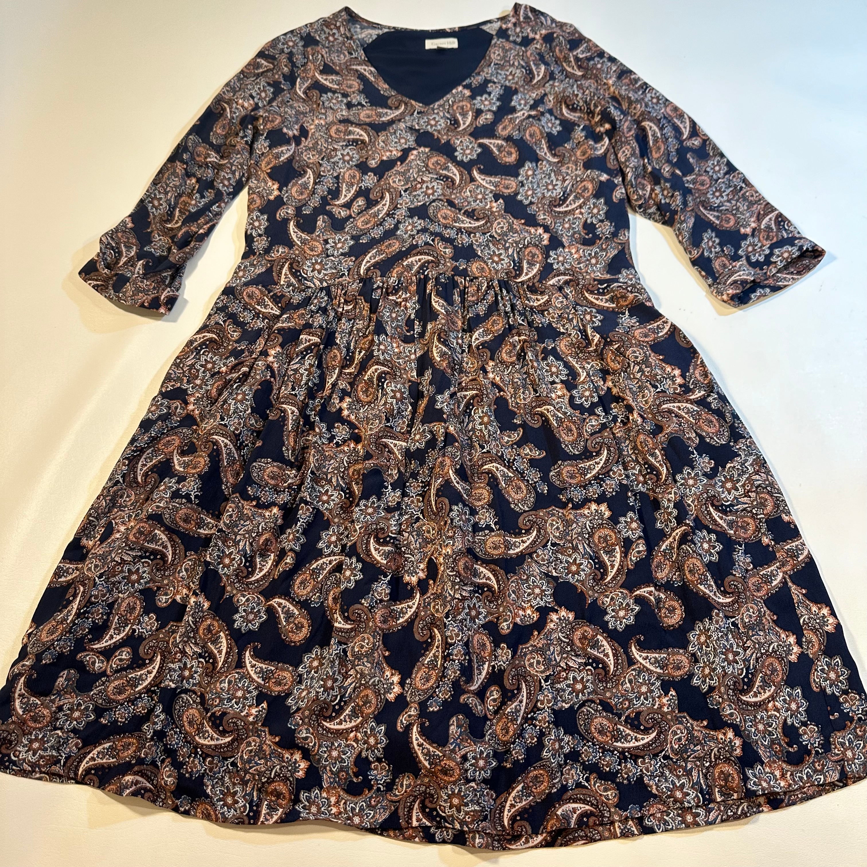 Garnet Hill Size 4 Navy Blue Paisley Bohemian Pocket Detail Dress