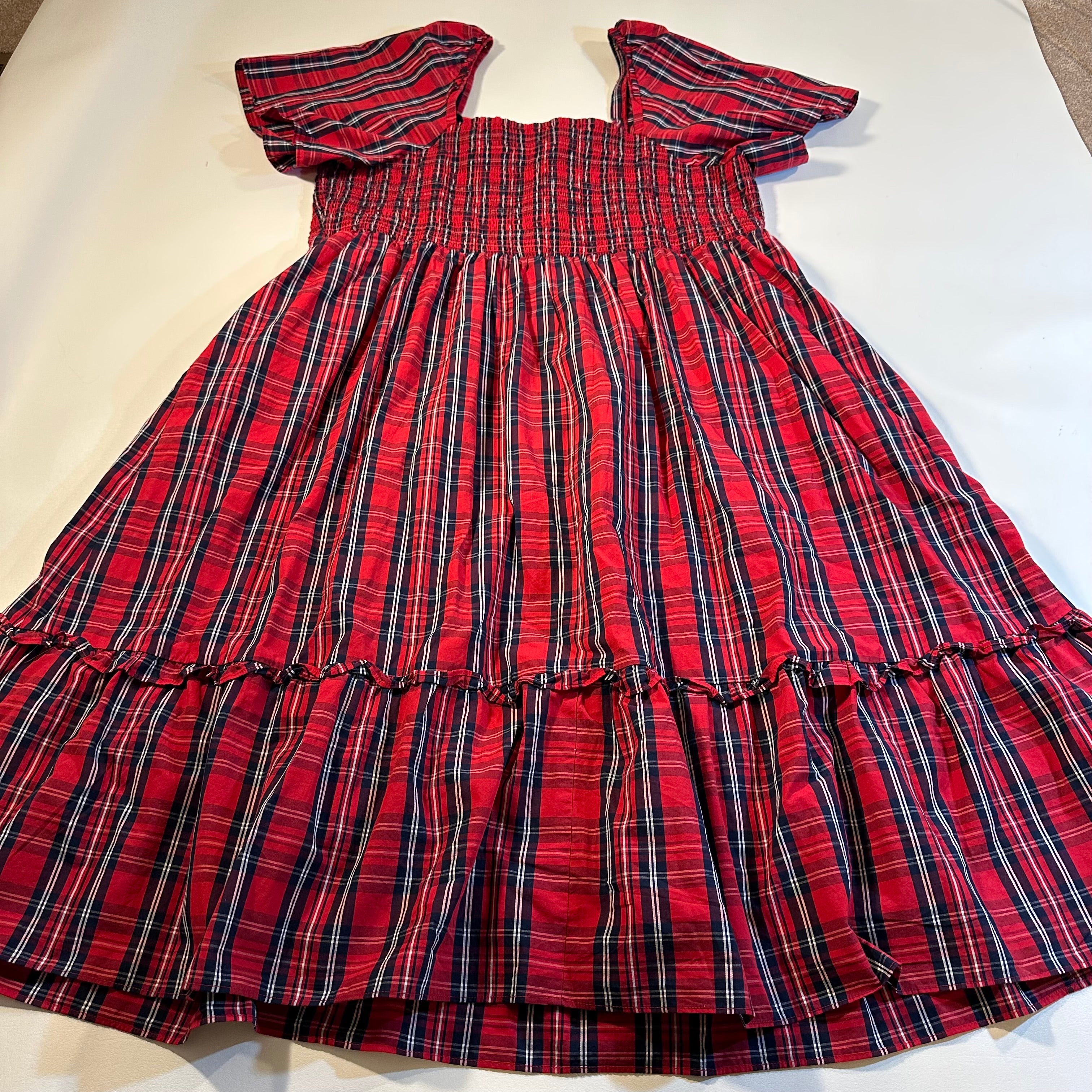 Draper James Size 2X Red Plaid Smock Top Short Sleeve Peplum Midi Dress