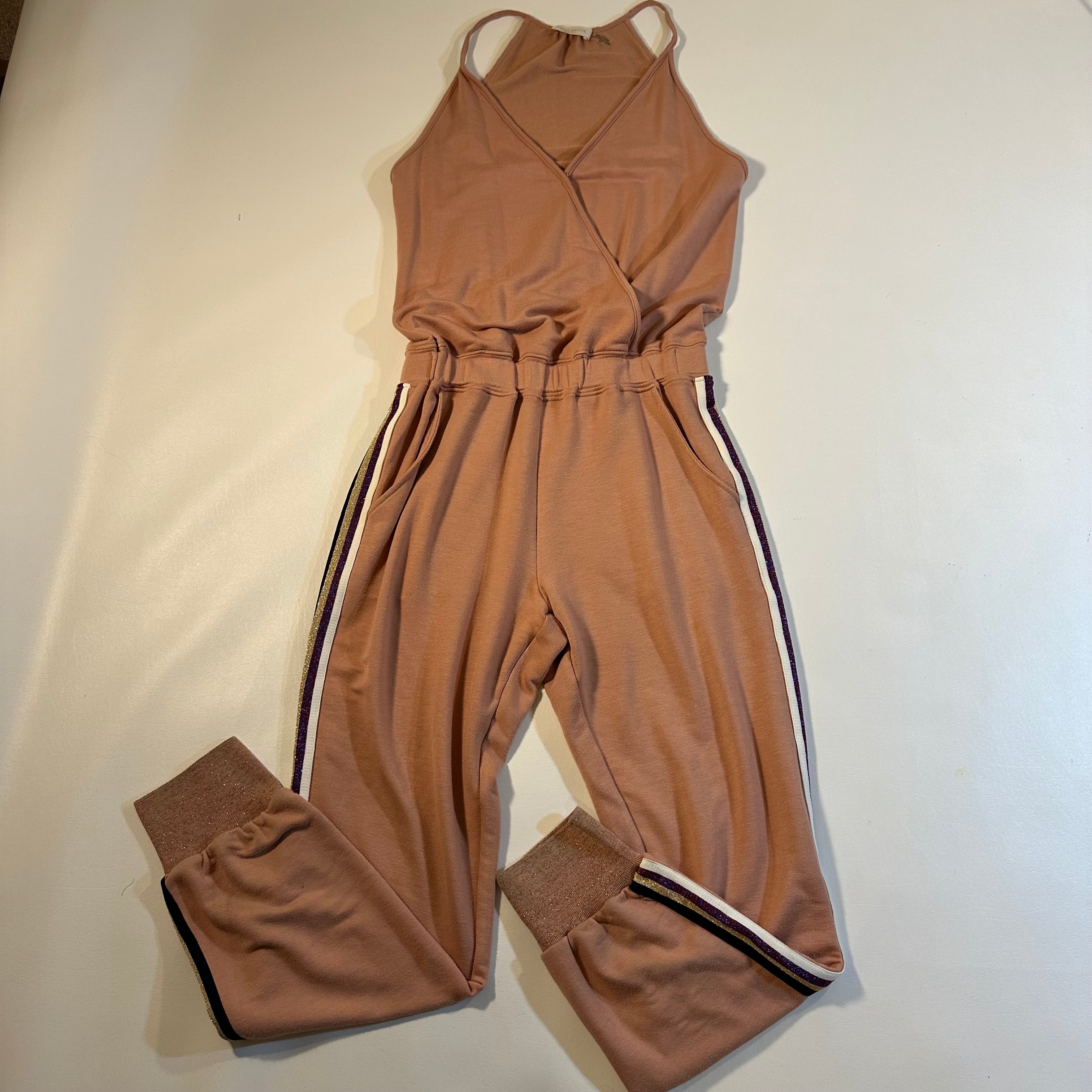 Ramy Brook NY Size S Maddie Caramel Pink Lounge Jumpsuit W Metallic Leg Stripes