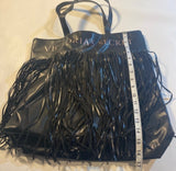 Victoria’s Secret Black Vegan Leather Long Fringe Boho Tote Bag W Rose Gold Logo