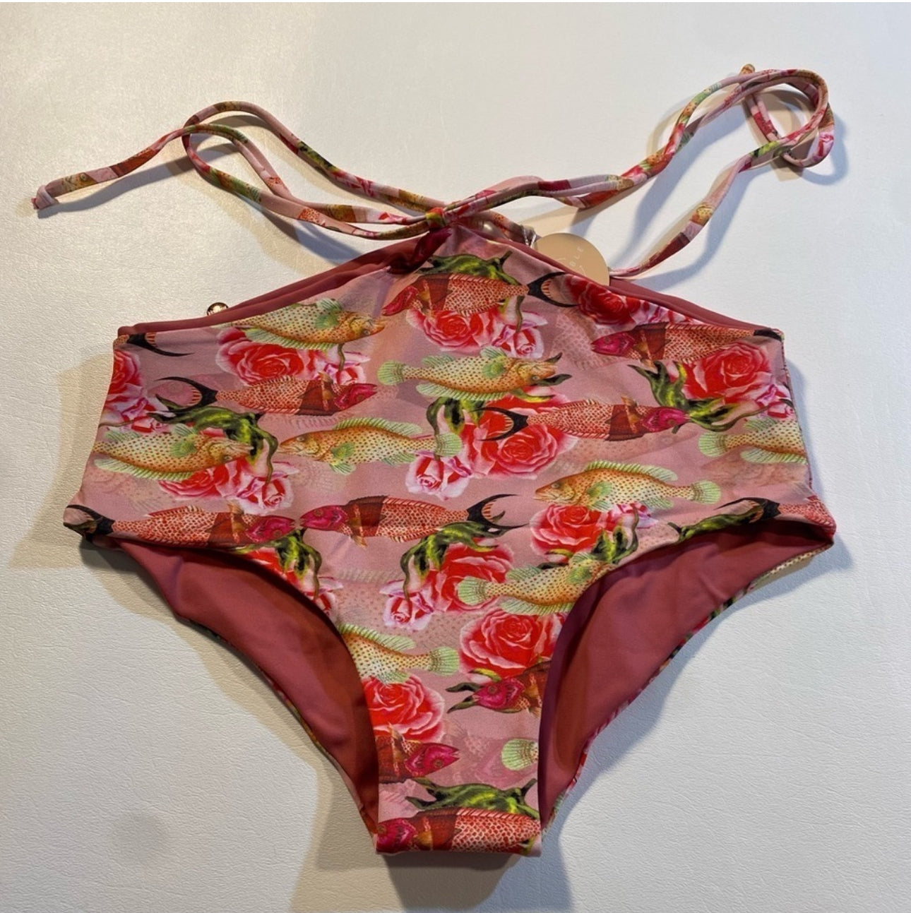 NWT $70 Malai Size S Reversible High Waist String Belt Floral Fish Bikini Bottom