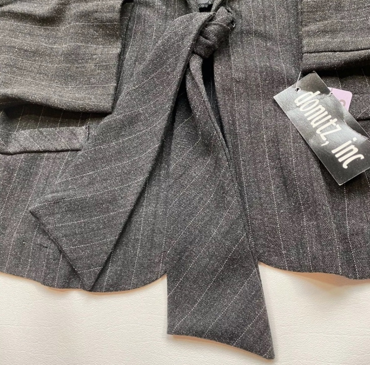 NWT Donutz, Inc Pinstripe Charcoal Tie Front Blazer W Removable Shoulder Pads