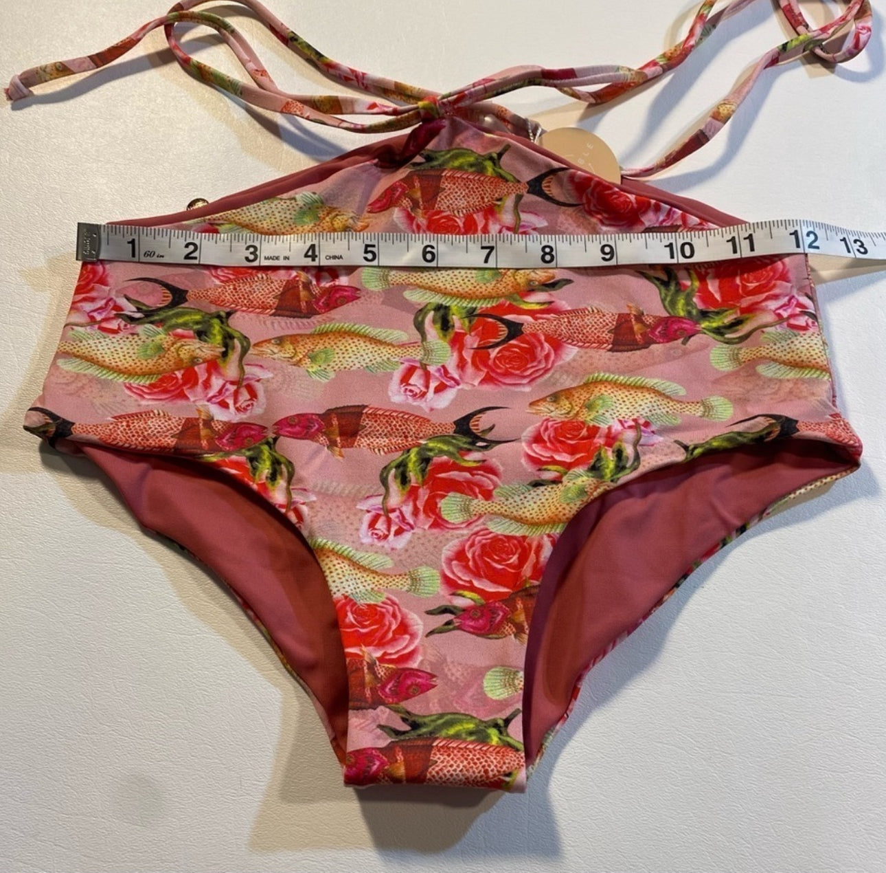 NWT $70 Malai Size S Reversible High Waist String Belt Floral Fish Bikini Bottom