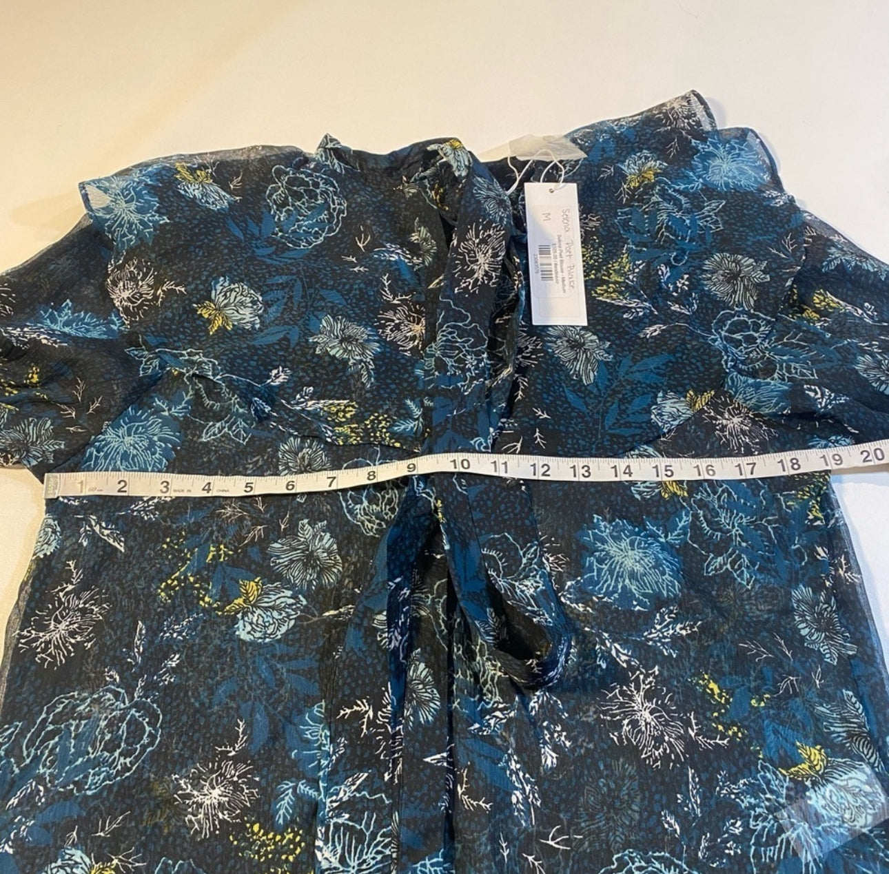 NWT Bishop + Young Size M Selena Blue Floral Sheer Tie Neck Ruffle Poet Blouse