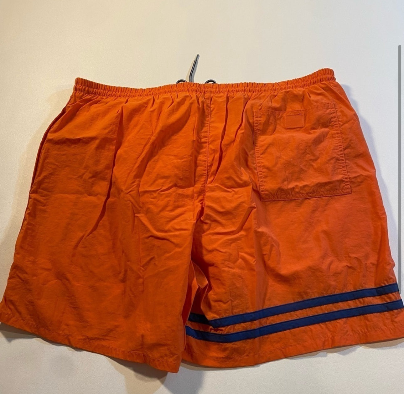 Nautica Size XL Coral Orange Swim Trunks W Blue Stripes, Mesh Lining