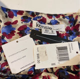 NWT $98 Kensie Size M Pink Blue Satin Abstract Floral Sun Dress W Black Ruffle