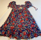 NWT Blu Pepper Size S Blue Red Floral Puff Sleeve Smocked Sweetheart Neck Dress