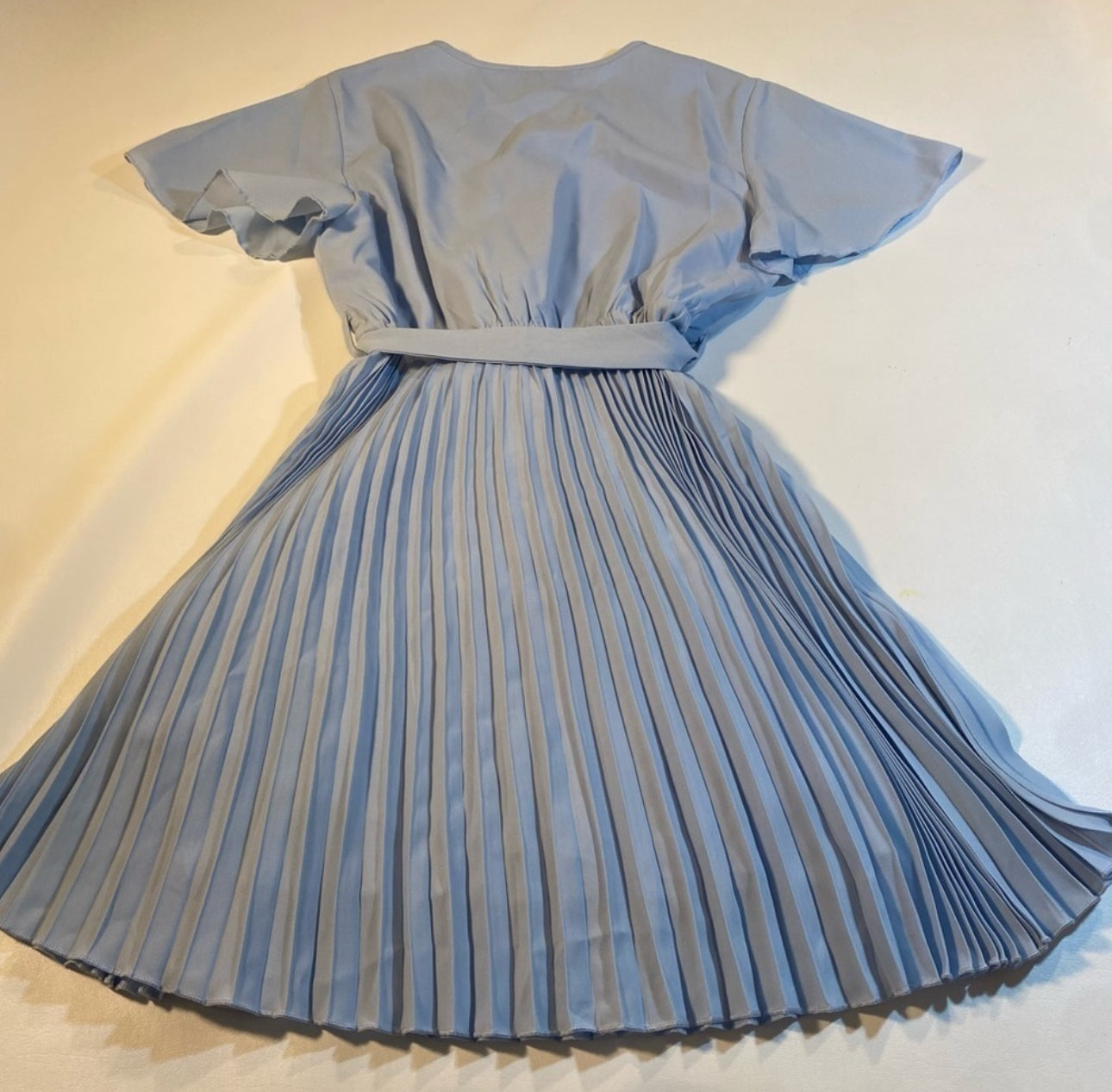 NWT ePretty Sz L Sky Blue Flutter Sleeve Cross Front Pleated Dress W Waist Sash