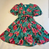 NWT Flying Tomato Size S Turquoise Floral Puff Sleeve Tiered Cross Front Dress