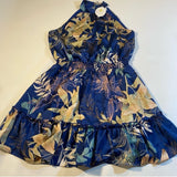 NWT Sweet Lemon Size L Blue Floral Halter Mock Neck Smock Waist Mini Dress
