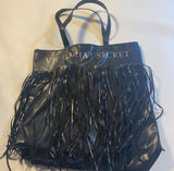 Victoria’s Secret Black Vegan Leather Long Fringe Boho Tote Bag W Rose Gold Logo