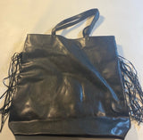 Victoria’s Secret Black Vegan Leather Long Fringe Boho Tote Bag W Rose Gold Logo