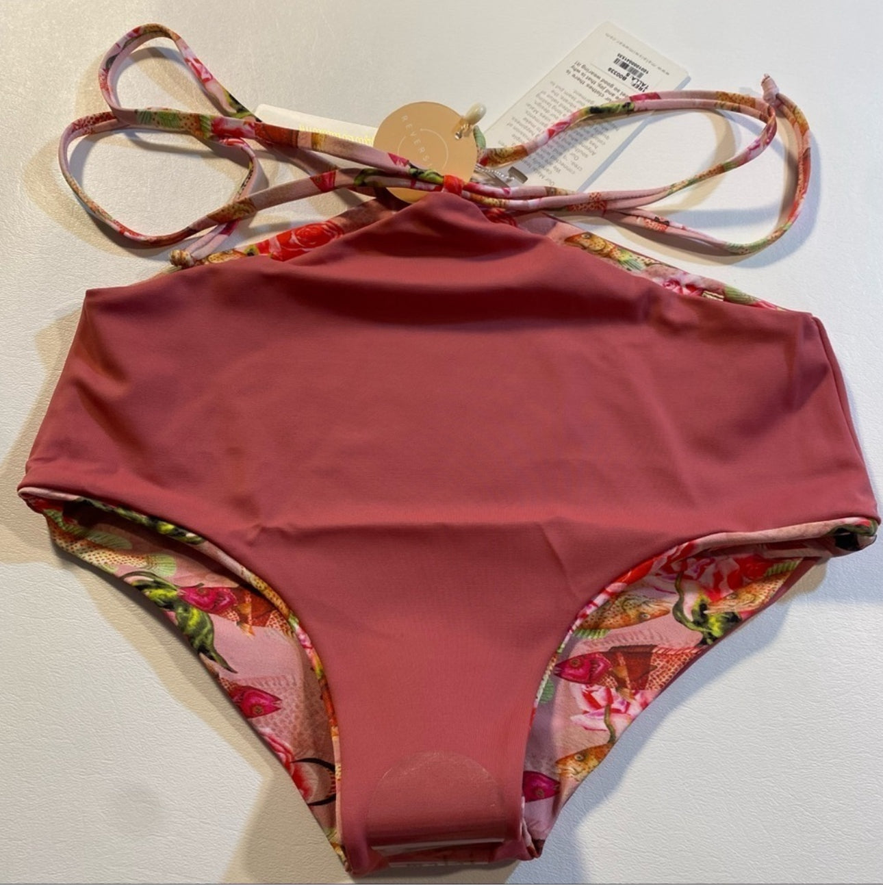 NWT $70 Malai Size S Reversible High Waist String Belt Floral Fish Bikini Bottom