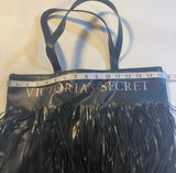 Victoria’s Secret Black Vegan Leather Long Fringe Boho Tote Bag W Rose Gold Logo