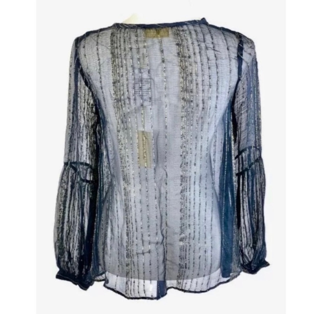 NWT Anthro Love Sam Size S Sheer Navy Boho Blouse W Metallic Gold Stripes