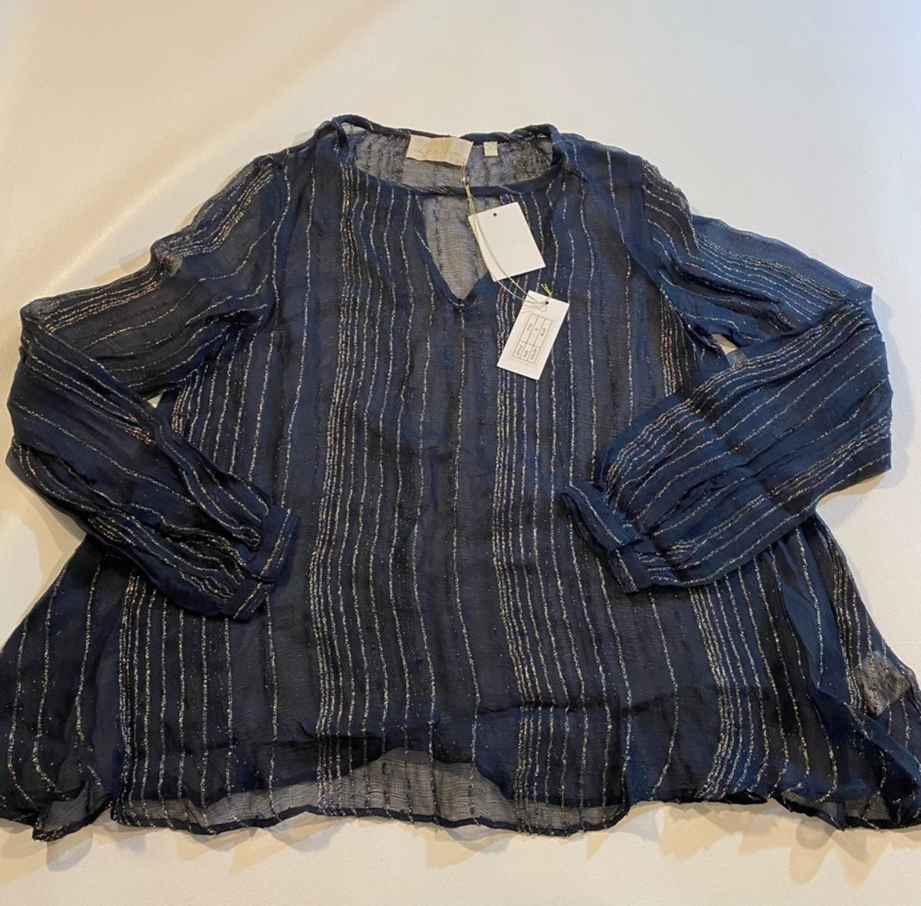 NWT Anthro Love Sam Size S Sheer Navy Boho Blouse W Metallic Gold Stripes