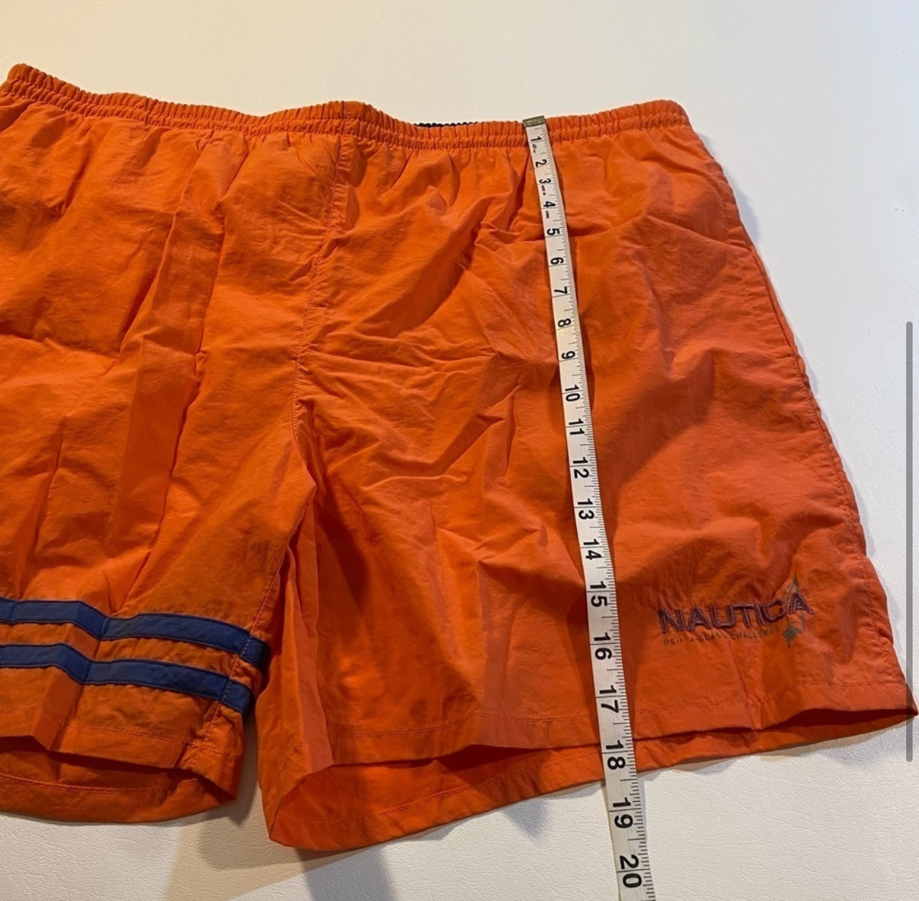 Nautica Size XL Coral Orange Swim Trunks W Blue Stripes, Mesh Lining