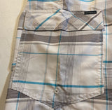 O’Neill Size 40 White Blue Grey Plaid Lined Board Shorts Swim Trunks Beach Swim