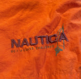 Nautica Size XL Coral Orange Swim Trunks W Blue Stripes, Mesh Lining