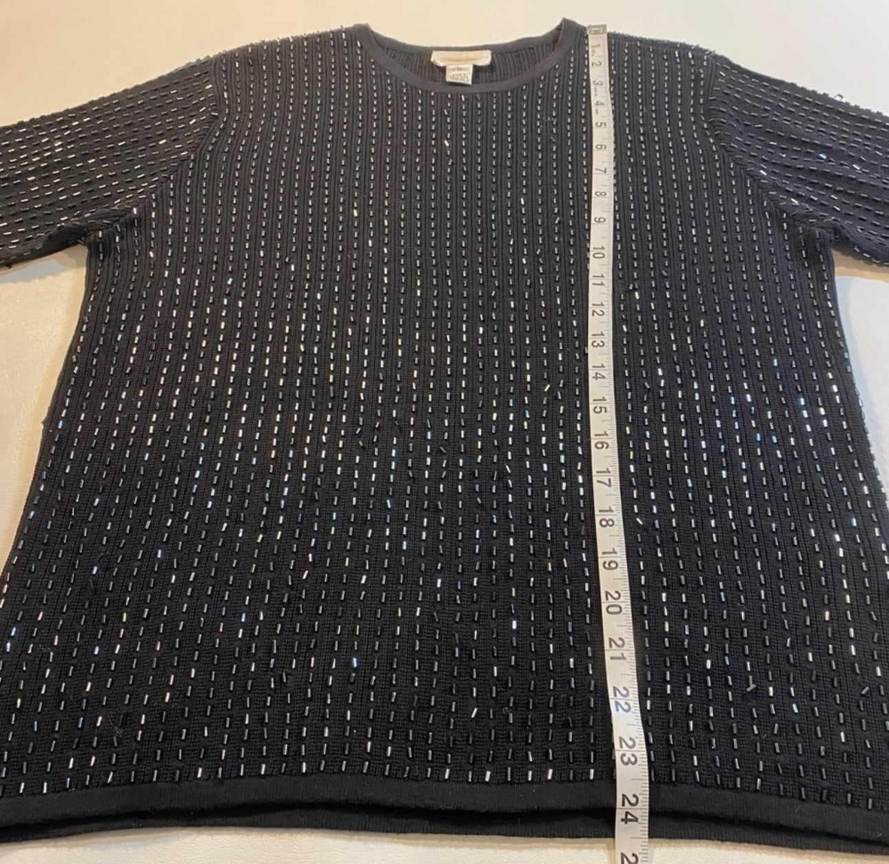 Talbots Size M Black Short Sleeve Cotton Knit Beaded Sparkly Sweater