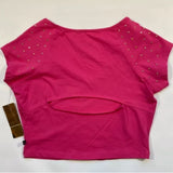 NWT Nicki Minaj Size L Pink Open Back Crop Top With Gold Rhinestone Cap Sleeves