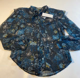 NWT Bishop + Young Size L Selena Blue Floral Sheer Tie Neck Ruffle Poet Blouse