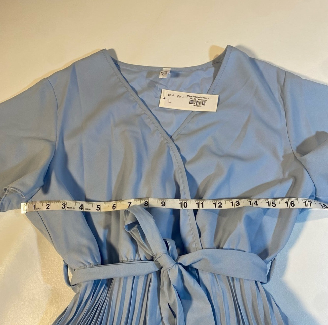 NWT ePretty Sz L Sky Blue Flutter Sleeve Cross Front Pleated Dress W Waist Sash