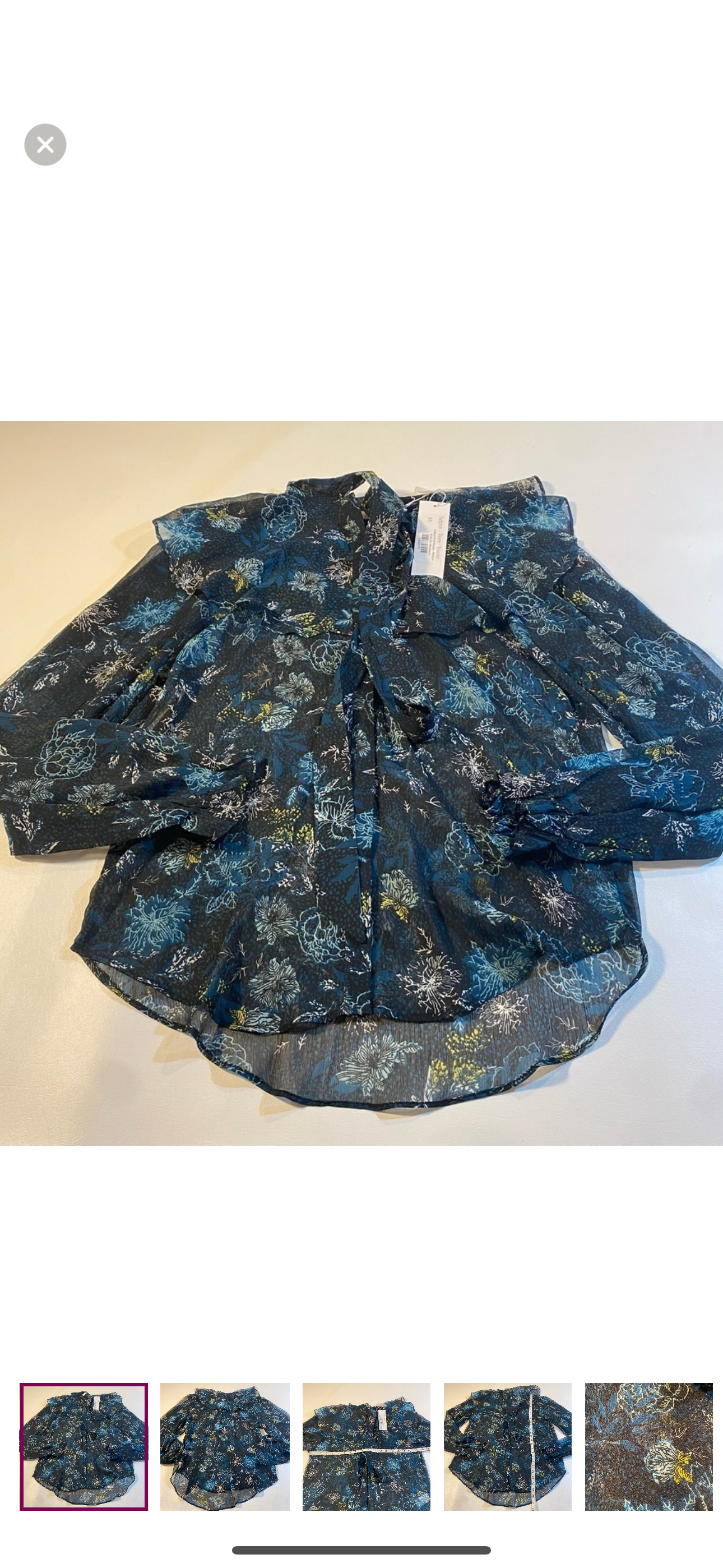 NWT Bishop + Young Size M Selena Blue Floral Sheer Tie Neck Ruffle Poet Blouse