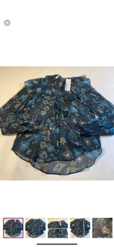 NWT Bishop + Young Size M Selena Blue Floral Sheer Tie Neck Ruffle Poet Blouse