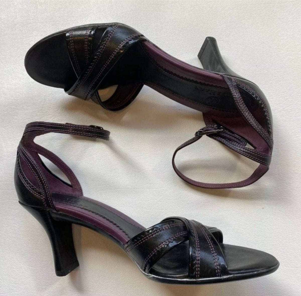 Cole Haan - Cole Haan Size 6 Black Cross Toe Ankle Strap Heel W Purple Stitching & Interior - Shoes - Afterglow Market