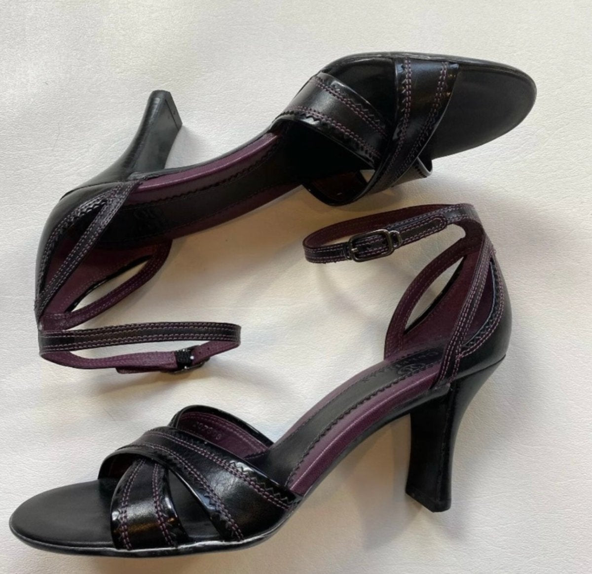 Cole Haan - Cole Haan Size 6 Black Cross Toe Ankle Strap Heel W Purple Stitching & Interior - Shoes - Afterglow Market