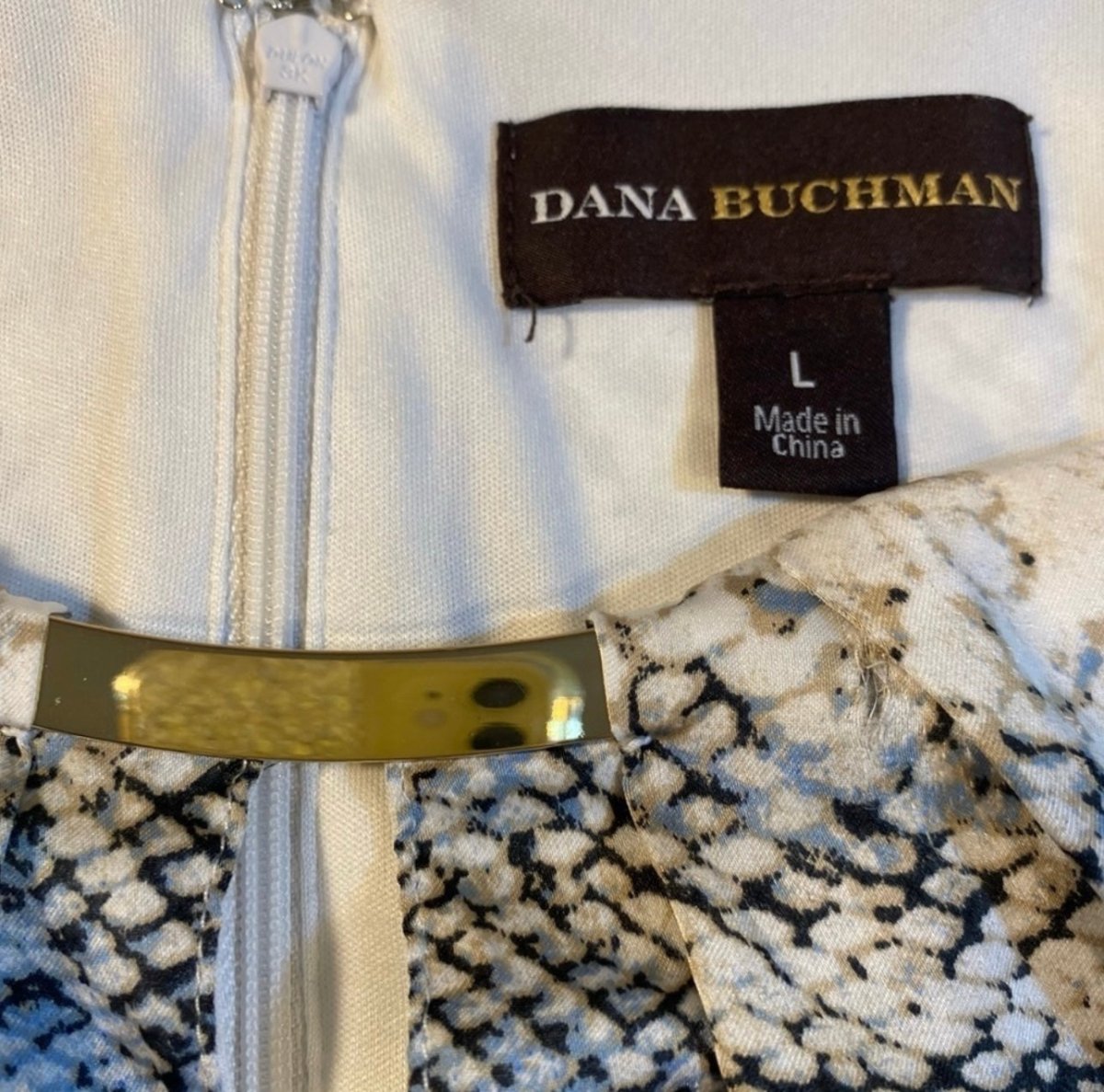 Dana Buchman - Dana Buchman Size L Snakeskin Blue Stripe Pleat Neck Gold Detail Shift Dress - Dresses - Afterglow Market