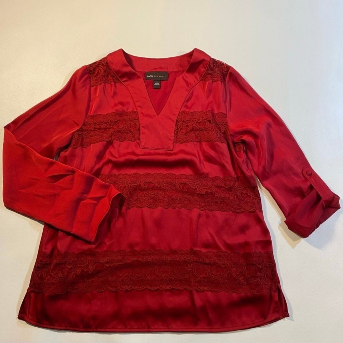 Dana Buchman - Dana Buchman Size S Red Satin & Lace Roll Tab Sleeve Blouse With Matching Cami - Tops - Afterglow Market