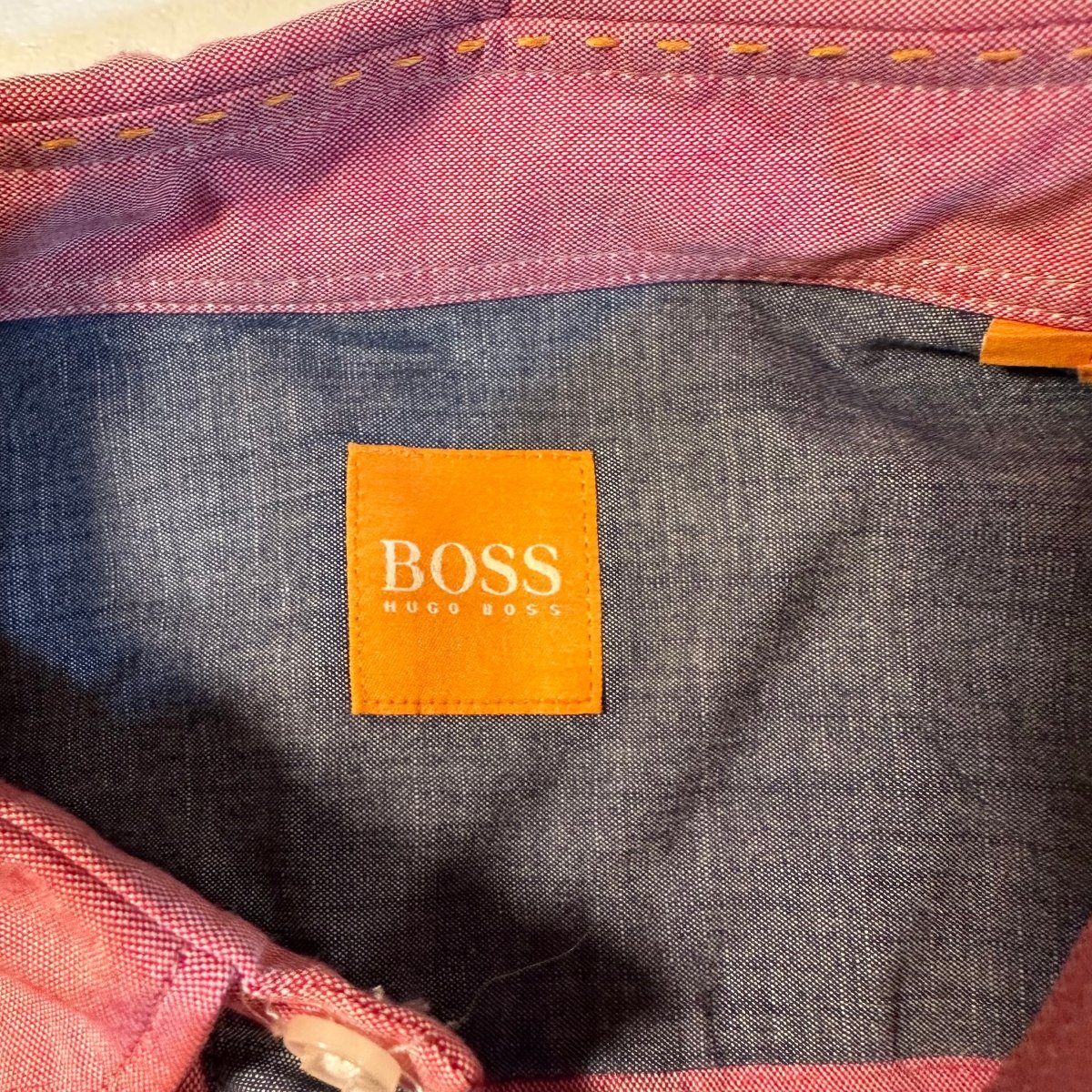 Hugo Boss - Hugo Boss Orange Label Size M Red Button Up Shirt W/ Gray Chambray Details - Shirts - Afterglow Market