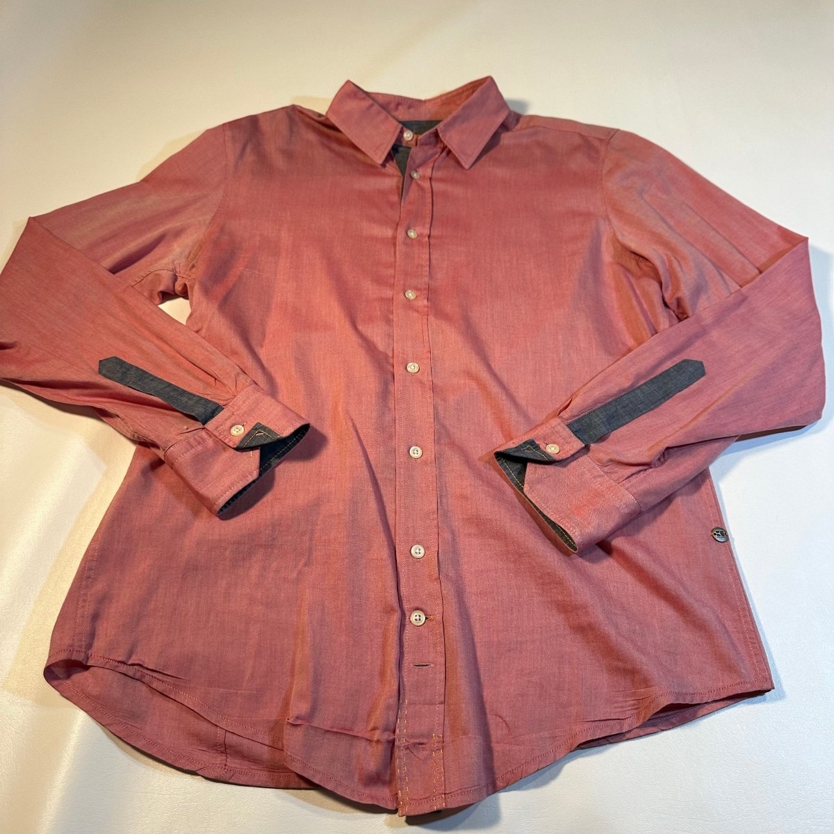 Hugo Boss - Hugo Boss Orange Label Size M Red Button Up Shirt W/ Gray Chambray Details - Shirts - Afterglow Market