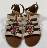 Nine West Size 8.5 Ivory Strappy Ankle Sandals With Multicolor Beads EUC