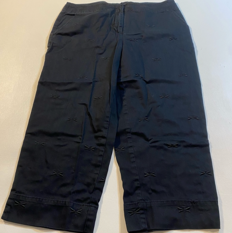 Talbots Size 8P Dark Navy Blue Dragonfly Embroidered Crop Capri Pants