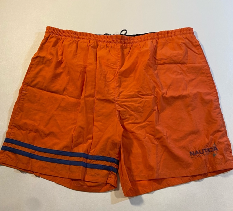 Nautica Size XL Coral Orange Swim Trunks W Blue Stripes, Mesh Lining