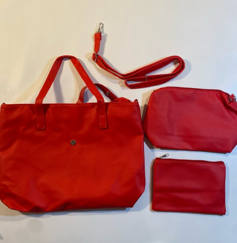 NEW 3 Piece Bright Red Tote Bag Set With Cosmetic Bag, Pouch, Detachable Strap